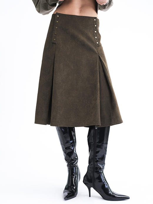 TR她热 棕摆轮廓 棕色做旧复古双排扣显瘦不规则A字半裙皮裙 商品图0