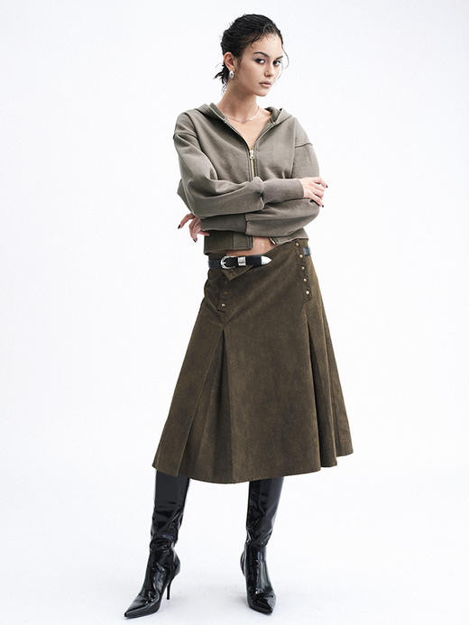 TR她热 棕摆轮廓 棕色做旧复古双排扣显瘦不规则A字半裙皮裙 商品图3