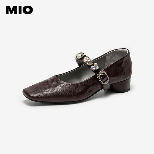 MIO米奥玛丽珍鞋2026春季新款粗跟单鞋一字带金属扣闪钻饰扣女鞋M261461010 商品图1