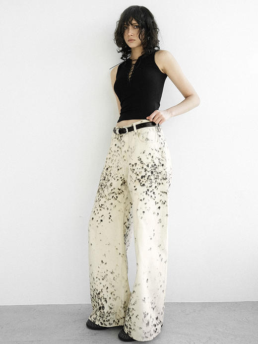 TR她热 豹豹辣 奶白色豹纹印花做旧复古个性显腿长牛仔阔腿裤长裤 商品图3