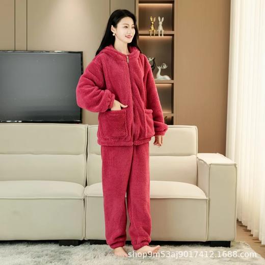 睡衣女秋冬长袖加厚加绒珊瑚绒女士睡袍套装保暖法兰绒家居服休闲 商品图3