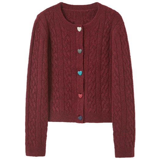 三彩2026春季新款绞花外套开衫爱心纽扣针织衫圆领毛衫复古M 商品图4