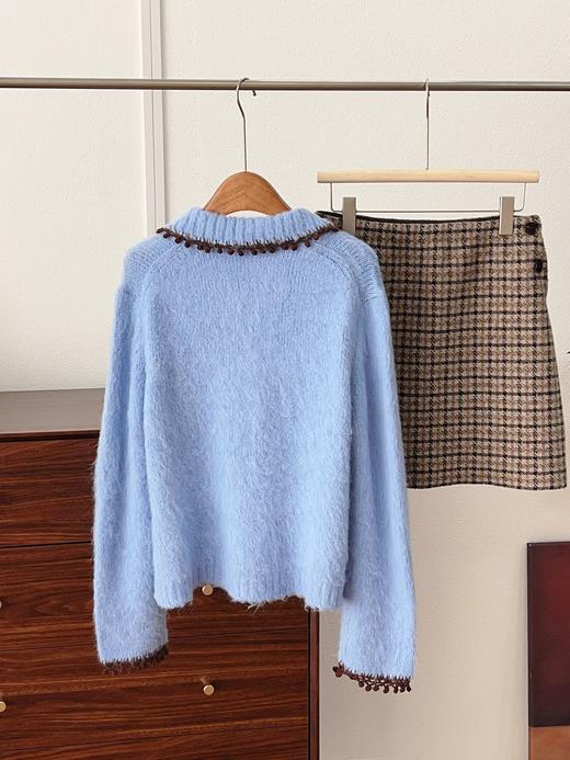 一店k （原厂纱线🧵自留款！）婴儿蓝色羊毛马海毛手工小绒球撞色针织开衫！25年复古上衣毛衣～拿捏秋冬感☃️ 奶fufu的超级温柔超级显白 商品图14
