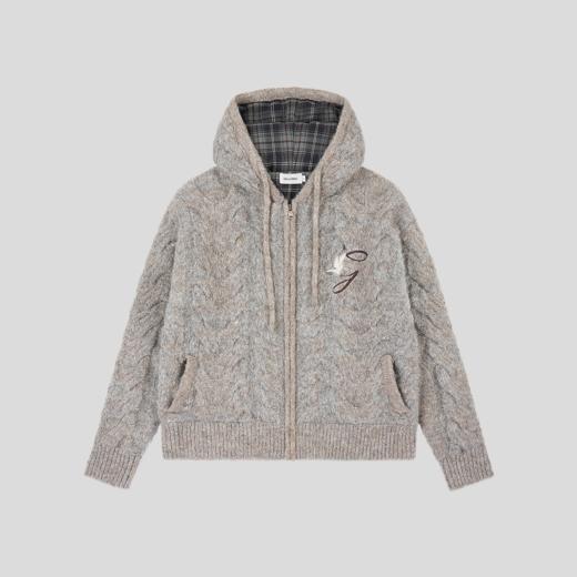 GOODBAI 冬季新款格纹拼接扭花连帽保暖毛衣外套 商品图3