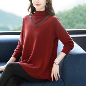 CC 10-7091半高领毛衣烫钻宽松显瘦中长款针织衫