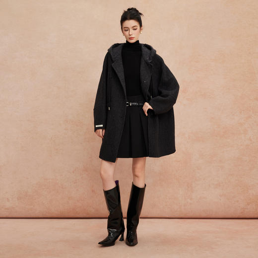 QH963斯尔丽25新款老钱松弛感针织帽兜宽松显瘦时尚减龄双面呢大衣 商品图8