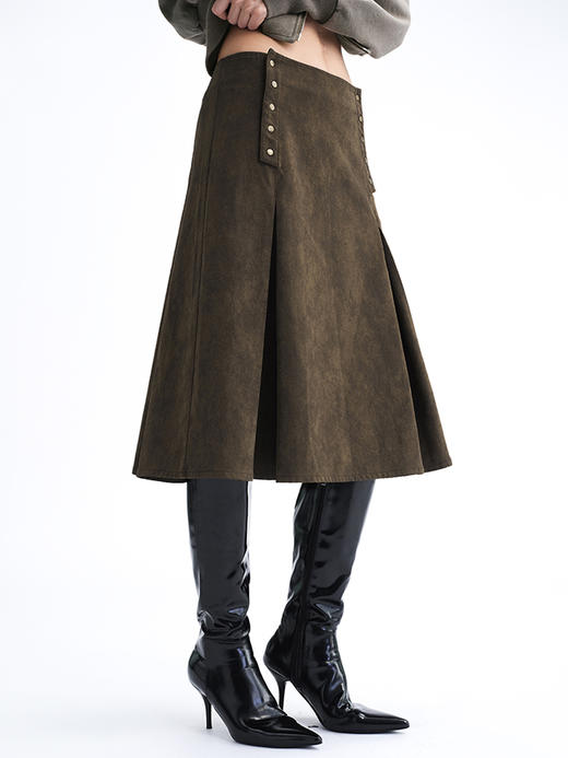 TR她热 棕摆轮廓 棕色做旧复古双排扣显瘦不规则A字半裙皮裙 商品图1