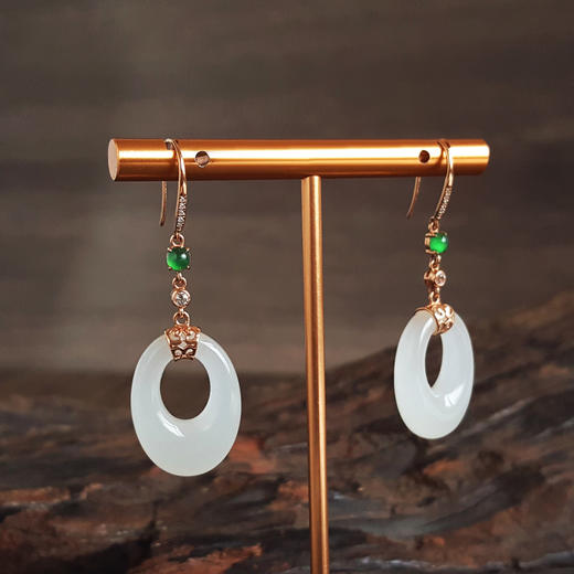 【天然正品】AU750玫瑰金镶天然青海料细腻一级白油润度佳椭圆平安扣和田玉耳坠47.1*16.1*6.1MM（皆取最大值）女士 091225XY07 商品图3