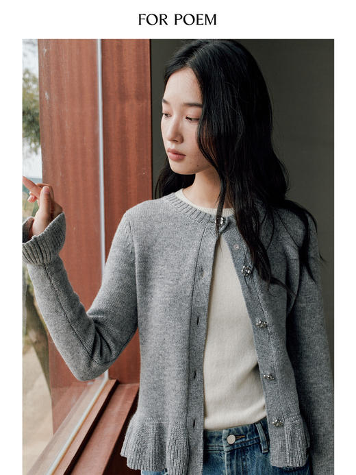 ForPoem 25/FW 原创设计荷叶边花朵扣灰色气质针织羊毛开衫外套 商品图2