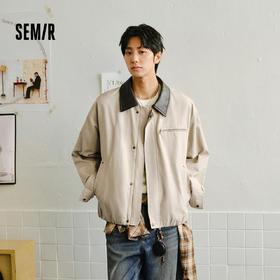 森马夹克男春季花苞翻领夹克2026春季情侣复古领拼皮上衣潮流时尚