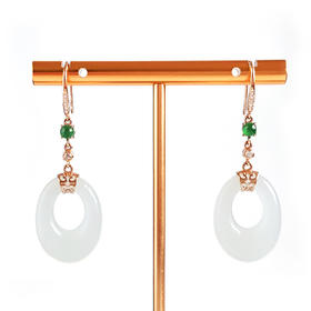 【天然正品】AU750玫瑰金镶天然青海料细腻一级白油润度佳椭圆平安扣和田玉耳坠47.1*16.1*6.1MM（皆取最大值）女士 091225XY07