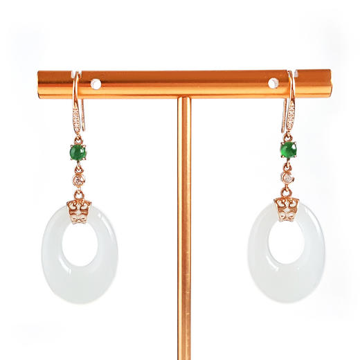 【天然正品】AU750玫瑰金镶天然青海料细腻一级白油润度佳椭圆平安扣和田玉耳坠47.1*16.1*6.1MM（皆取最大值）女士 091225XY07 商品图0