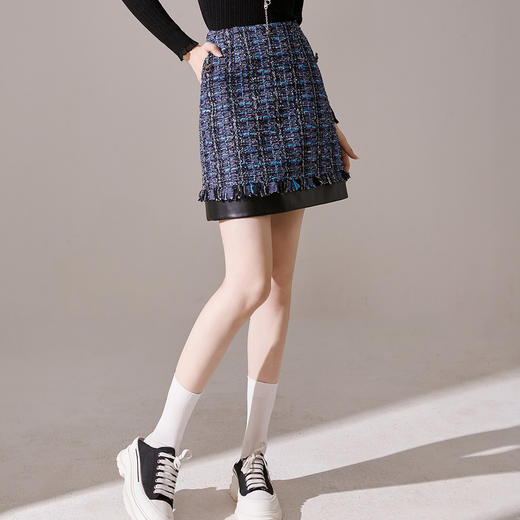 剩M/L 芳外【PU拼接小香风半身裙】25秋款特殊牛仔混编半身裙 商品图2