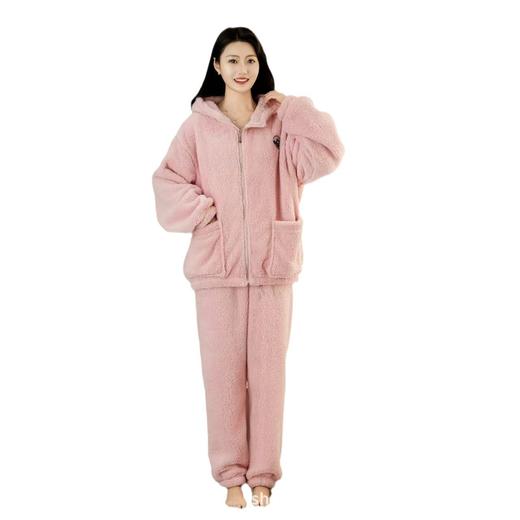 情侣睡衣冬季女生珊瑚绒加厚翻领拉链款女家居服套装保暖慵懒风 商品图4