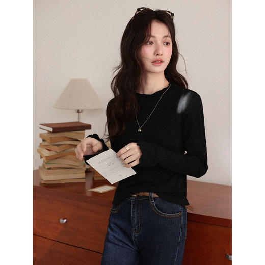 鹿向南「心语涟漪」黑色长袖t恤女秋洋气正肩修身上衣叠穿打底衫 商品图1