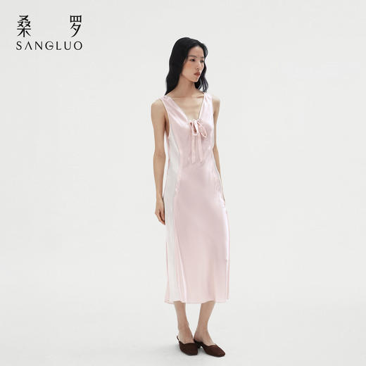 桑罗优雅系带礼服裙吊带连衣裙桑蚕丝女V领设计度假长裙 商品图3