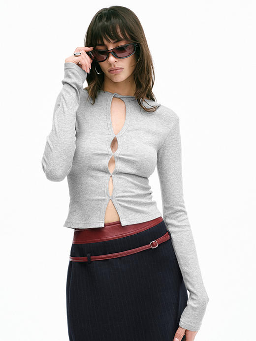 TR她热 呼吸Tee 灰色黑白镂空百搭基础款露背正肩长袖T恤打底衫 商品图4