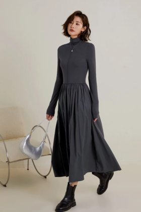 MIGU/弥古 高领收腰拼接休闲针织连衣裙 21714