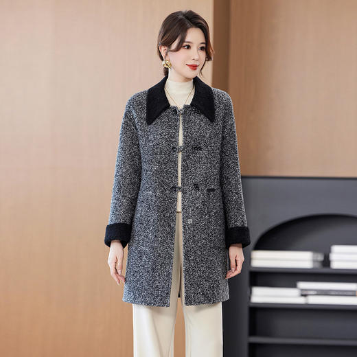 丁摩秋冬新款双面羊毛大衫单排扣撞色大衣通勤穿搭接拼领毛呢外套ALW23527 商品图0