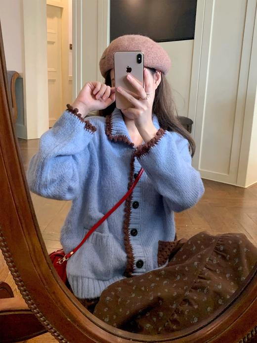 一店k （原厂纱线🧵自留款！）婴儿蓝色羊毛马海毛手工小绒球撞色针织开衫！25年复古上衣毛衣～拿捏秋冬感☃️ 奶fufu的超级温柔超级显白 商品图6