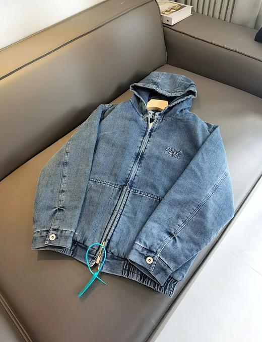 mi*|谬系 贴布徽标字母水洗蓝情侣款牛仔连帽棉服 商品图3
