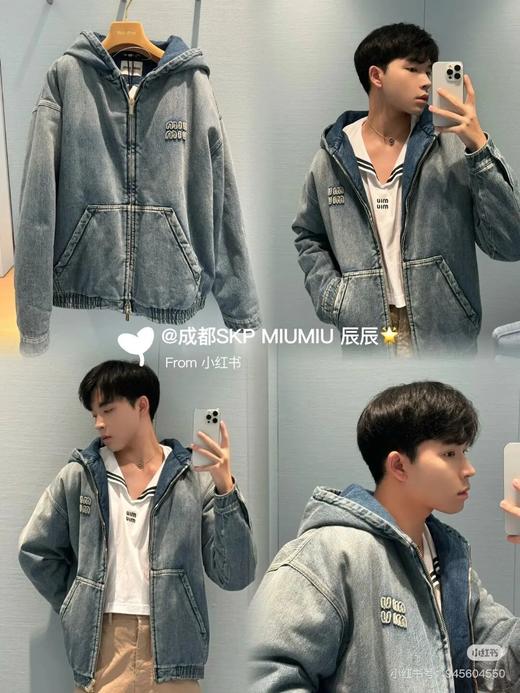 mi*|谬系 贴布徽标字母水洗蓝情侣款牛仔连帽棉服 商品图2