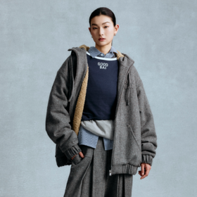 GOODBAI 冬季新款垂感连帽拉链保暖毛呢外套