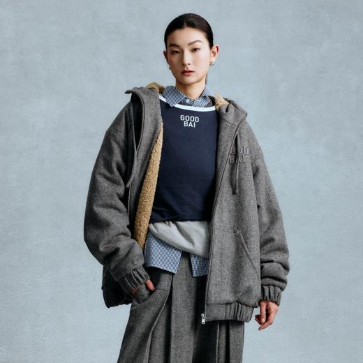 GOODBAI 冬季新款垂感连帽拉链保暖毛呢外套 商品图0