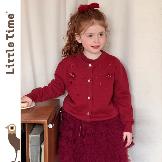 littletime女童套装2025秋冬红色圣诞喜庆闪闪毛衣开衫外套裙子 商品图0