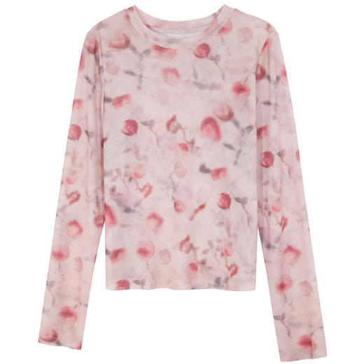 三彩独醒2026春季新款网纱印花T恤圆领正肩长袖上衣内搭修身甜酷F 商品图4