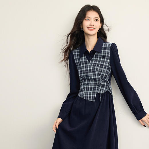 【年货节】熙世界高知得体假两件连衣裙女士秋冬学院风格纹拼接收腰衬衫裙子 商品图1