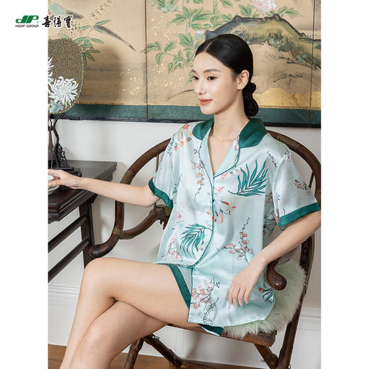 喜得宝100%桑蚕丝女式短袖短裤眼罩三件套真丝印花睡衣简约 商品图1