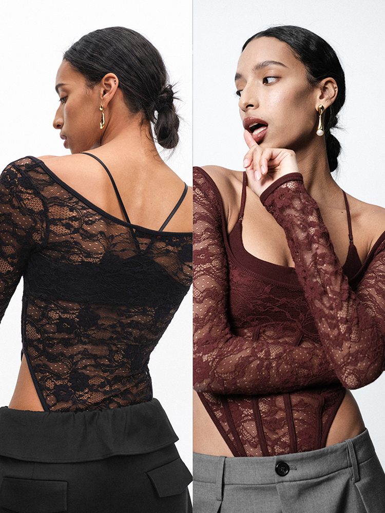 TR她热 性感判官 红棕黑色蕾丝带胸垫显瘦性感修身连体衣打底