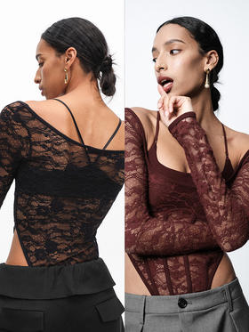 TR她热 性感判官 红棕黑色蕾丝带胸垫显瘦性感修身连体衣打底