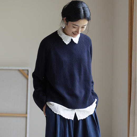 绽放862朵/纯羊毛毛衫女纯色老钱风套头毛针织衫新款百搭圆领毛衣 商品图0