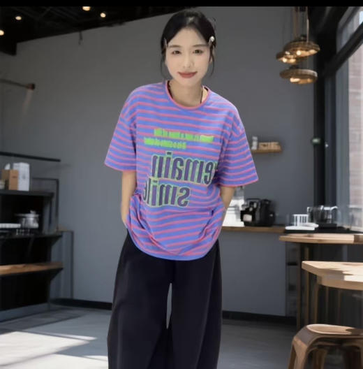【实物颜色超显肤色白】水淼2026春新款一手长宽松时尚彩条T恤2749 商品图2
