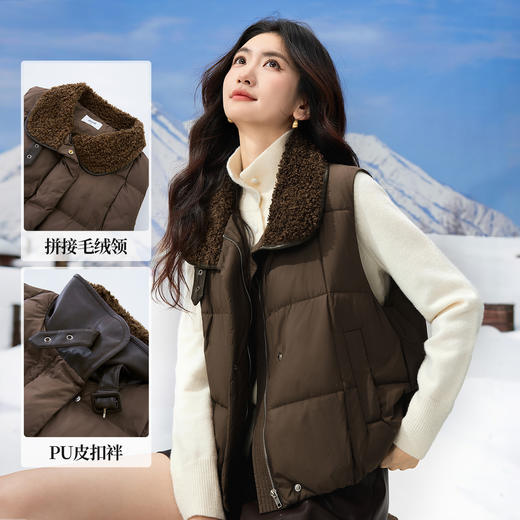 【12/10新品6折】熙世界复古棕色毛绒领羽绒棉服马甲女冬季坎肩外穿马夹背心短外套 商品图1