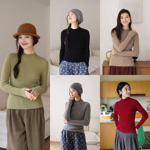 特绽放829朵/韵律针织衫·纯山羊绒毛衫坑条半高领打底毛衣针织衫 商品图0