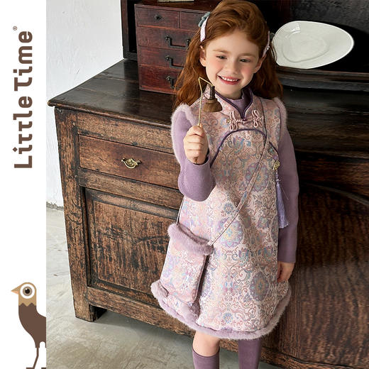 littletime女童旗袍2025新款加绒背心裙套装秋冬女国风盘扣刺绣 商品图1