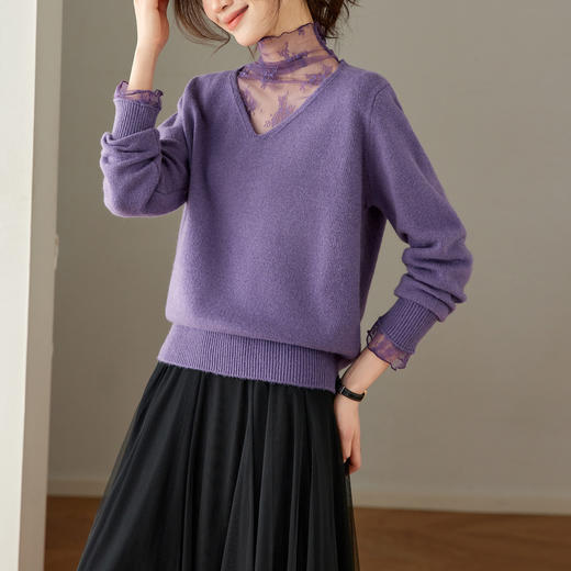 V领蕾丝拼接毛衣宽松内搭设计感，小众针织打底衫上衣CC-27-25250 商品图3