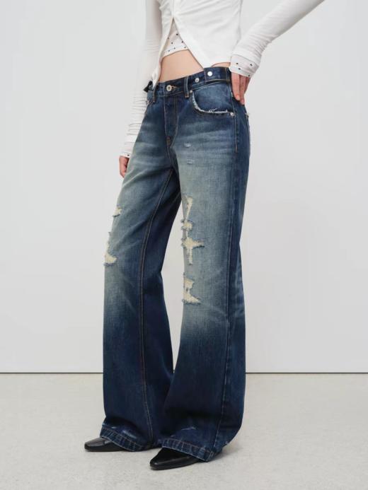 出逃赤岗西/25AWN115/复古做旧蓝赤耳红边破洞阔腿牛仔裤 商品图0