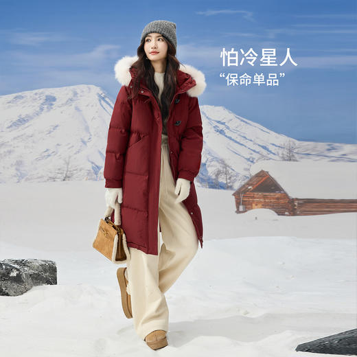 【12/10新品4.5折】熙世界超好看圣诞红色羽绒服女款2025冬季可拆卸狐狸毛领长款外套 商品图2