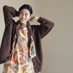 绽放843朵/彩点羊毛宽松粗针领结装饰开襟毛针织衫女新款加厚开衫