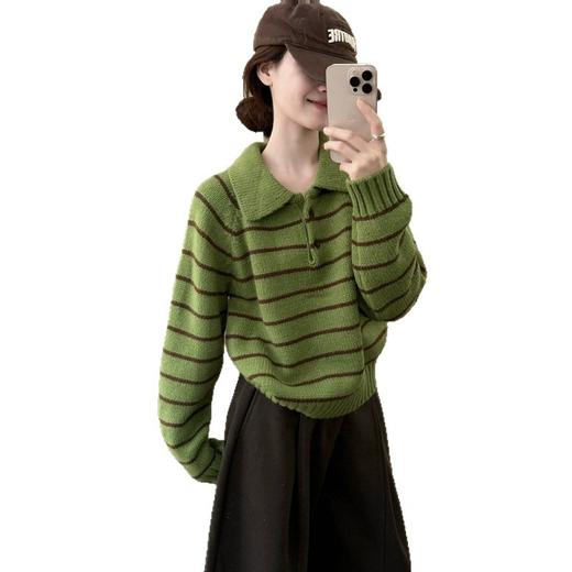 YS韩系撞色条纹polo领女毛衣2025秋冬宽松显瘦时尚针织衫外套上衣 商品图4