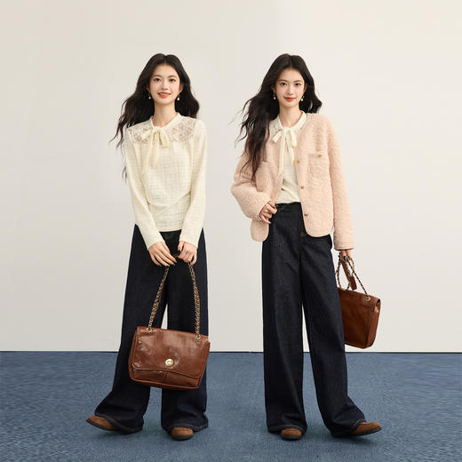 【12/10新品6折】熙世界杏色叠穿蕾丝打底衫女2025秋冬新款独特别致蝴蝶结内搭上衣 商品图2