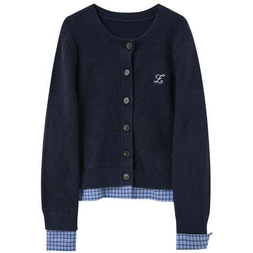 三彩2026春季新款圆领毛衣格纹假两件长袖开衫毛衫外套显瘦M 商品图4