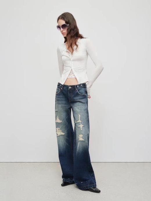 出逃赤岗西/25AWN115/复古做旧蓝赤耳红边破洞阔腿牛仔裤 商品图2