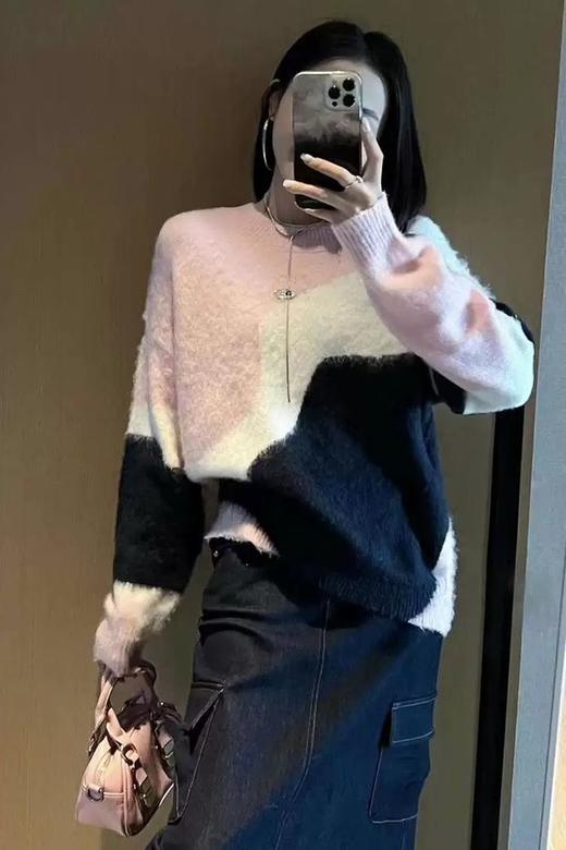 LNNNS 粉色撞色宽松圆头毛衣 21785 商品图2
