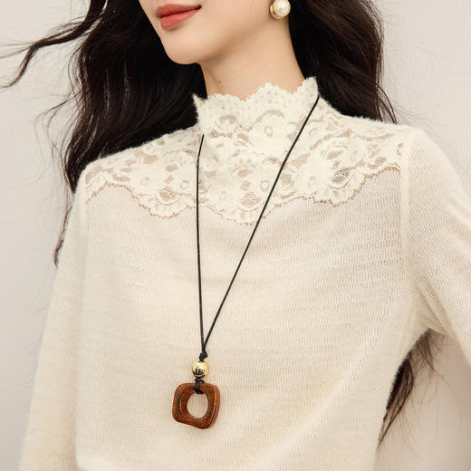 【12/10新品6折】熙世界花边半高领蕾丝打底衫秋冬女装高级感优雅韩系气质长袖上衣 商品图4