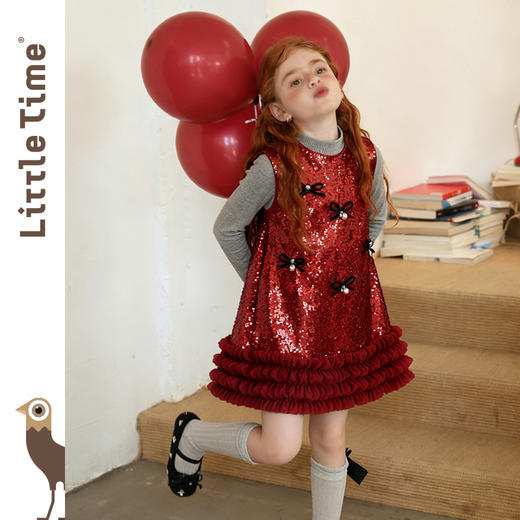 littletime女童连衣裙2025秋冬新款红色亮片蝴蝶结加绒花边公主裙 商品图2